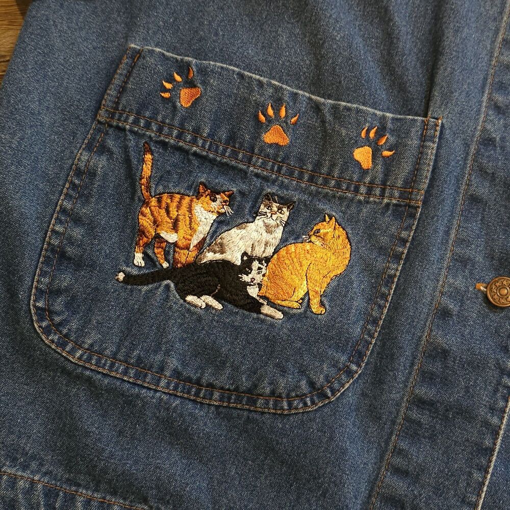 denim chore jacket 1x cat embroidery barn coat blue cottagecore spring denim - Picture 4 of 12